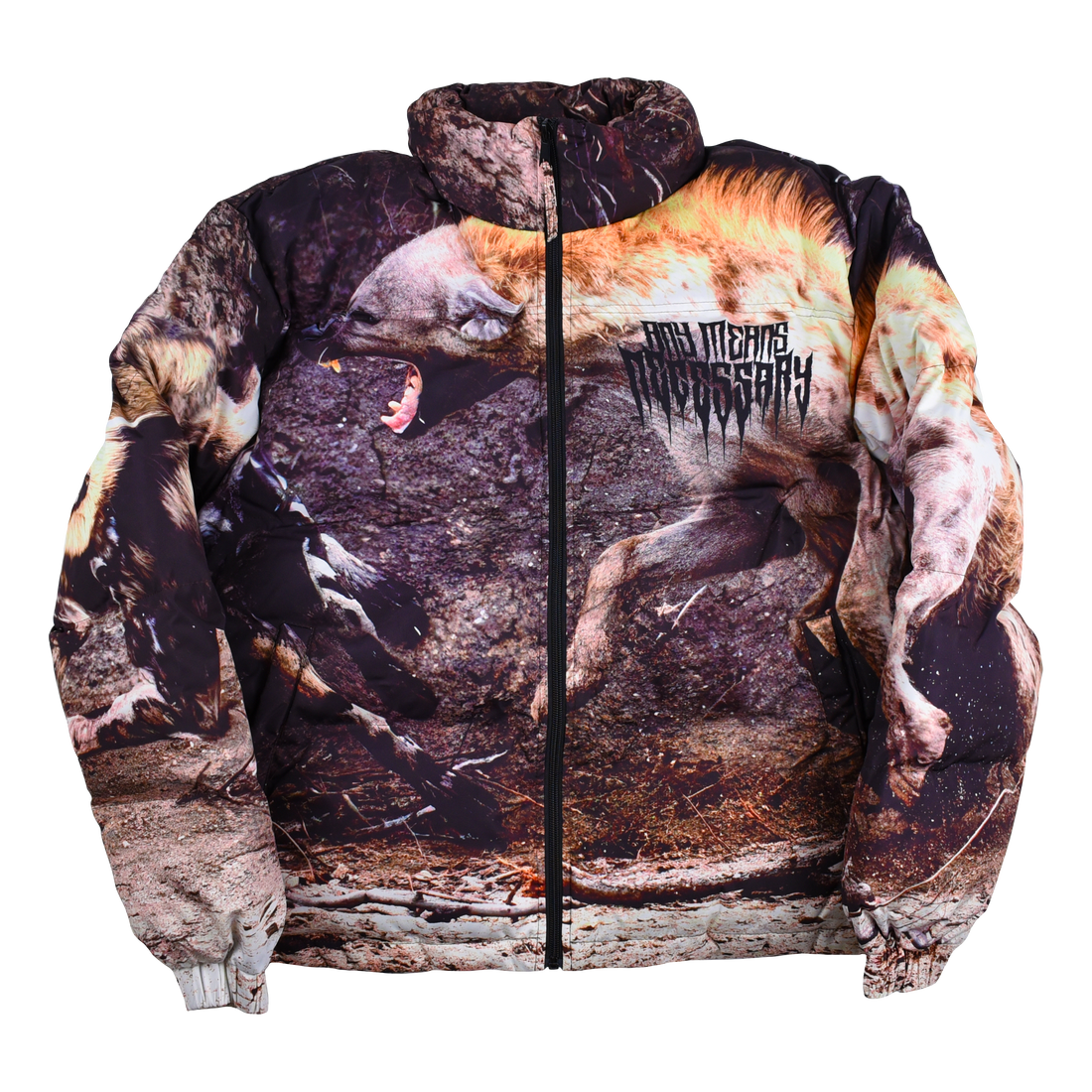 Black Last Stand puffer jacket by Any Means Necessary Clothing, front view showing quilted design and high collar.