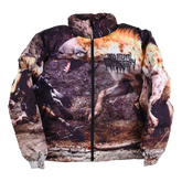 Black Last Stand puffer jacket by Any Means Necessary Clothing, front view showing quilted design and high collar.