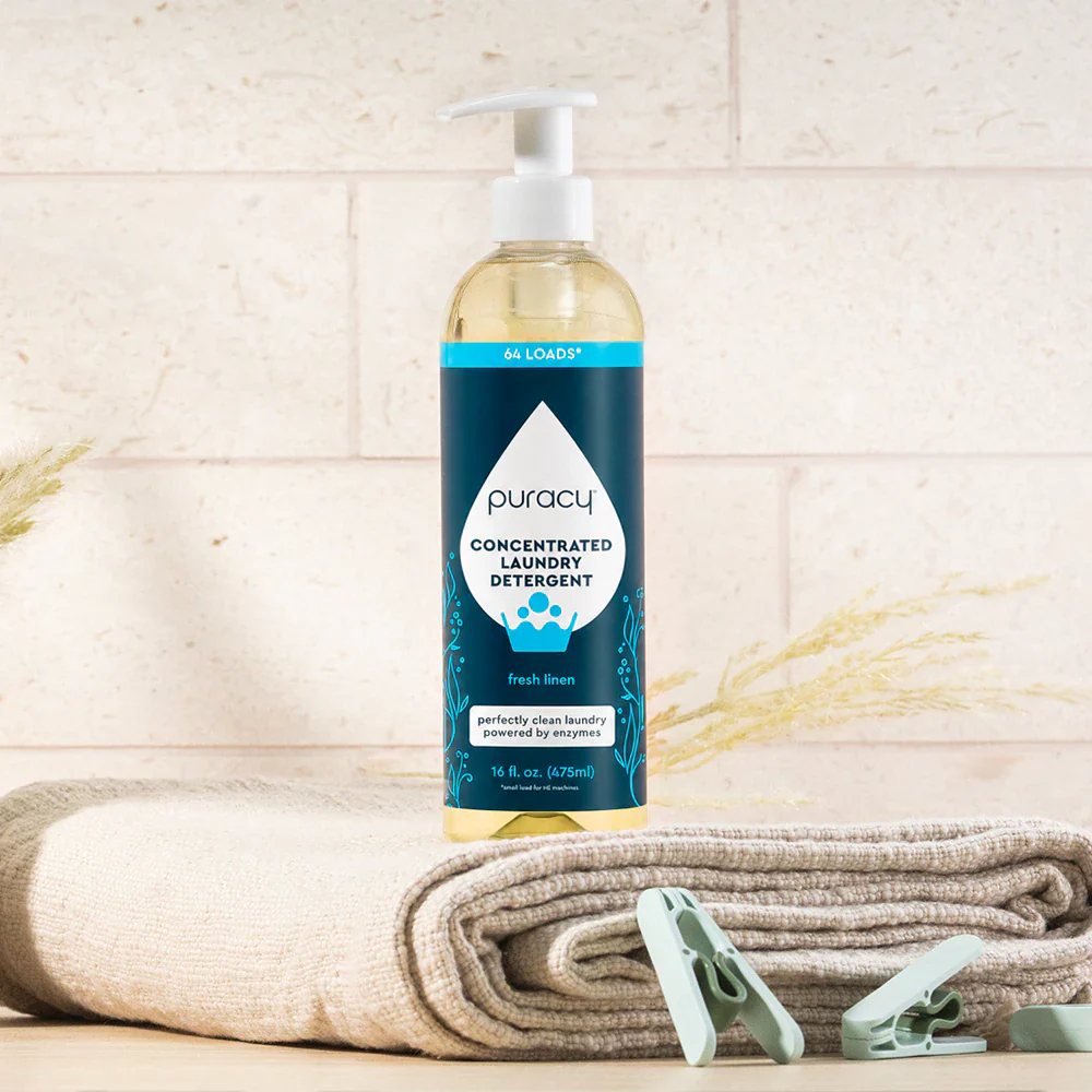Puracy concentrated laundry detergent in a 16oz bottle, sulfate-free, with a fresh linen scent for clean, fresh laundry.