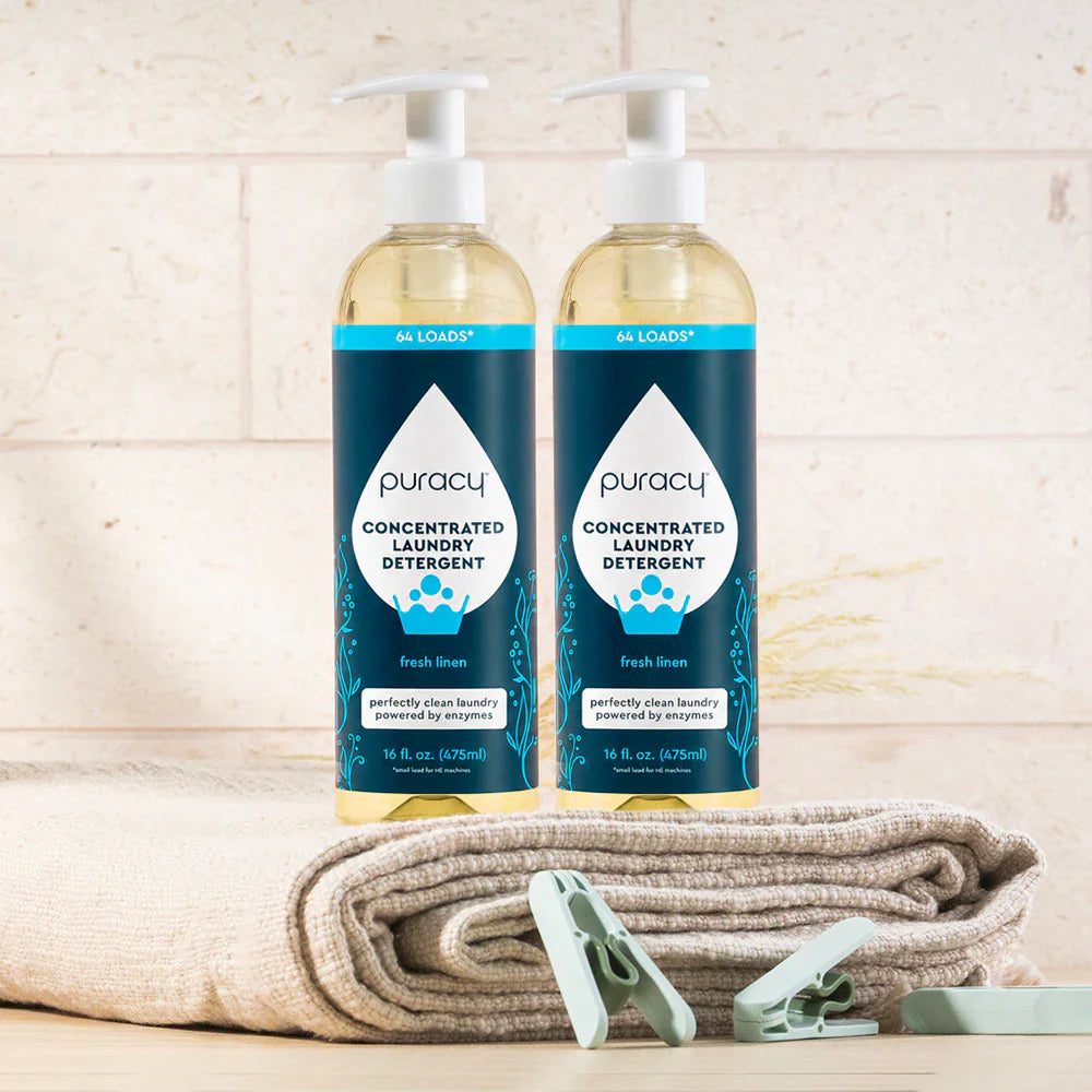 Puracy concentrated laundry detergent with fresh linen scent in a 16oz bottle, sulfate-free, shown in a 2-pack.