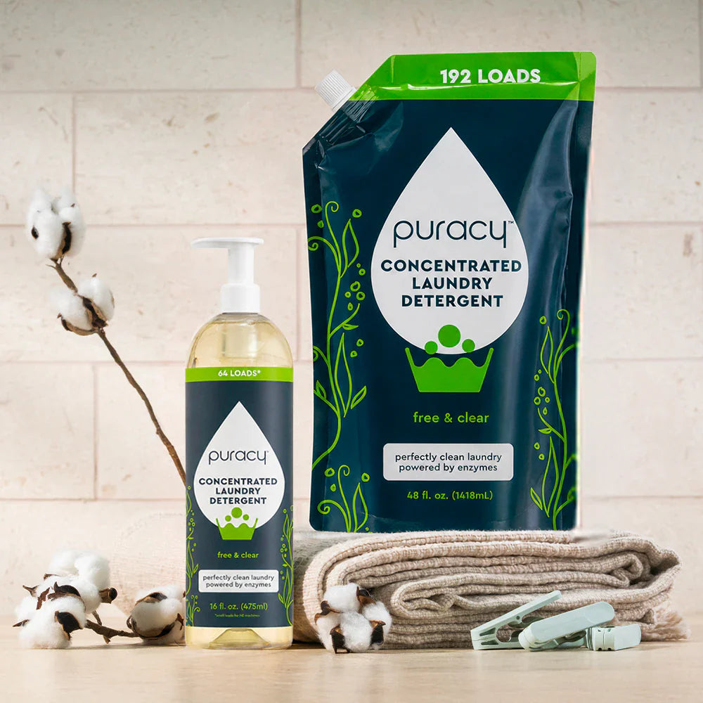 Puracy concentrated sulfate-free laundry detergent in 48oz and 16oz bottles, unscented, suitable for gentle laundry cleaning.