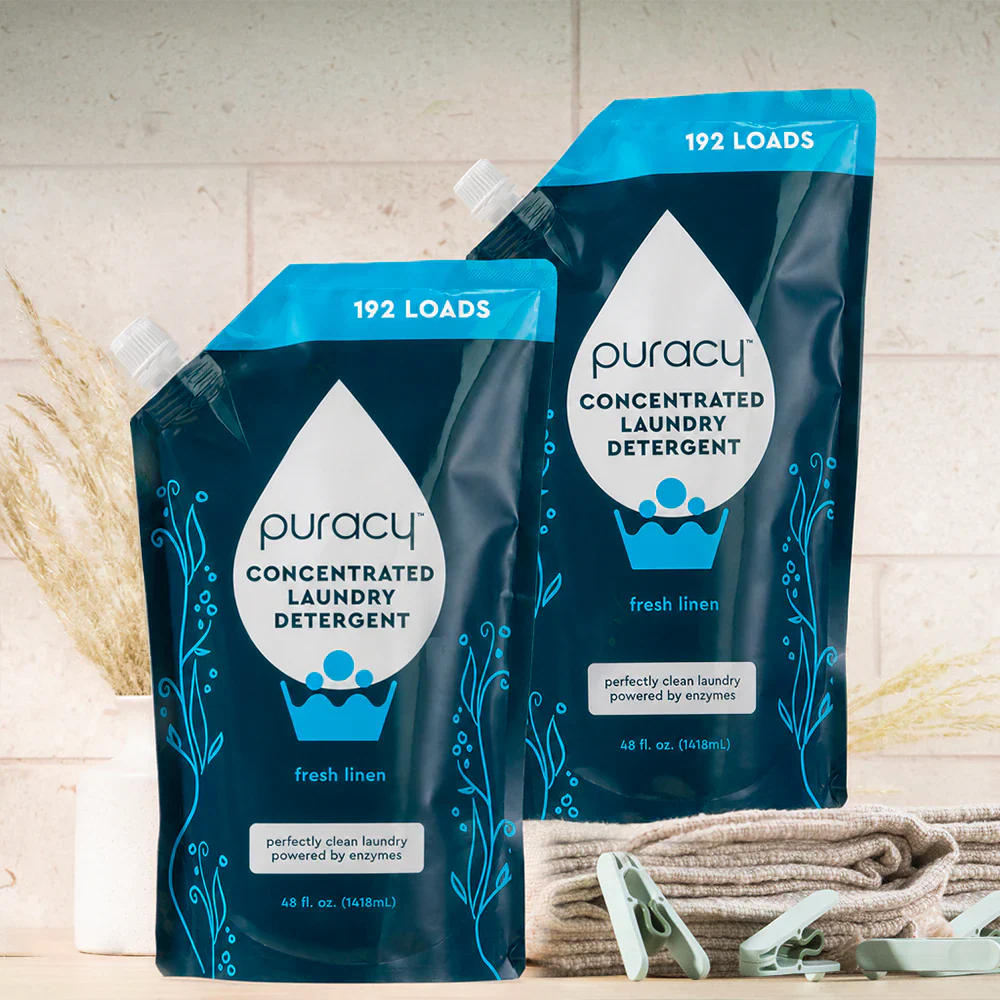 Puracy concentrated sulfate-free laundry detergent in a 48oz bottle, fresh linen scent, two-pack for effective laundry cleaning.
