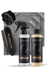 Blackline Car Care BLACKLINE® Gentle APC all-purpose cleaner being applied with a leather brush for cleaning car interiors.