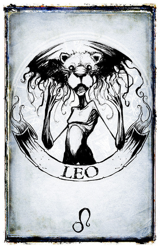Leo zodiac poster featuring detailed artwork by Shawn Coss, suitable for wall decor from Any Means Necessary Clothing.