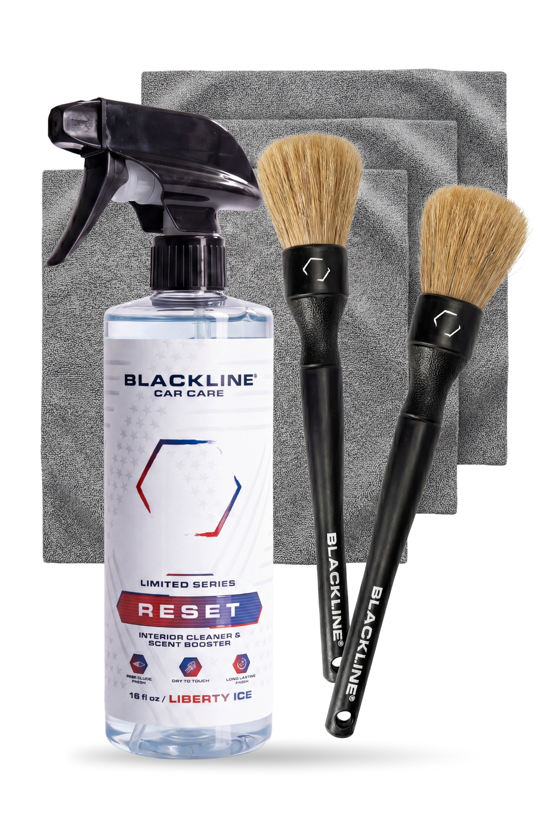 Blackline Car Care BLACKLINE® Reset interior cleaner and scent booster in Liberty Ice complete system, showing spray bottles and cleaning tools.