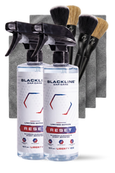 Blackline Car Care BLACKLINE® RESET interior cleaner and scent booster bottle with Liberty Ice scent, ready for use in vehicle cleaning.