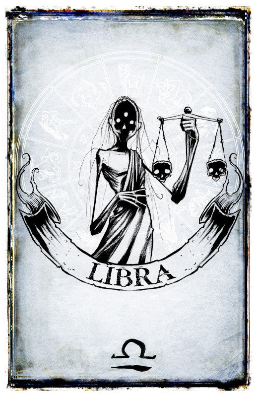 Libra zodiac poster by Shawn Coss, featuring artistic illustration of the Libra symbol and imagery on a printed poster.