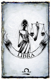 Libra zodiac poster by Shawn Coss, featuring artistic illustration of the Libra symbol and imagery on a printed poster.