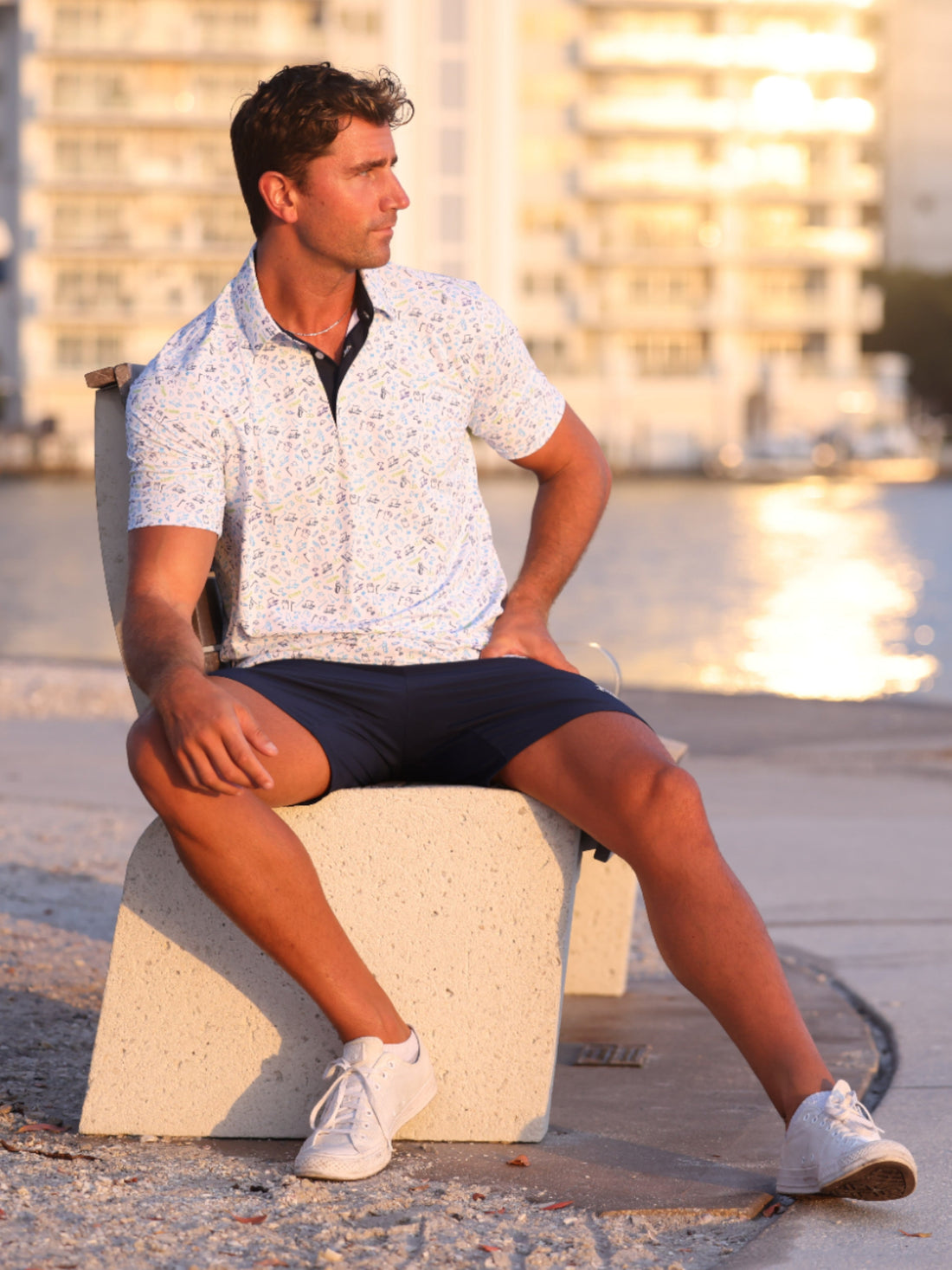 White Water Life Links Print Polo shirt featuring a classic polo design with a stylish print, displayed on a plain background.