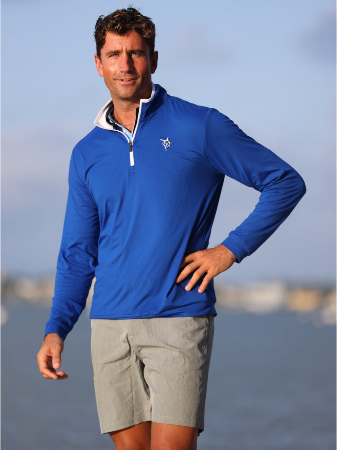 White Water Life Long Beach quarter zip long sleeve shirt in royal blue, lightweight and ultra soft fabric.
