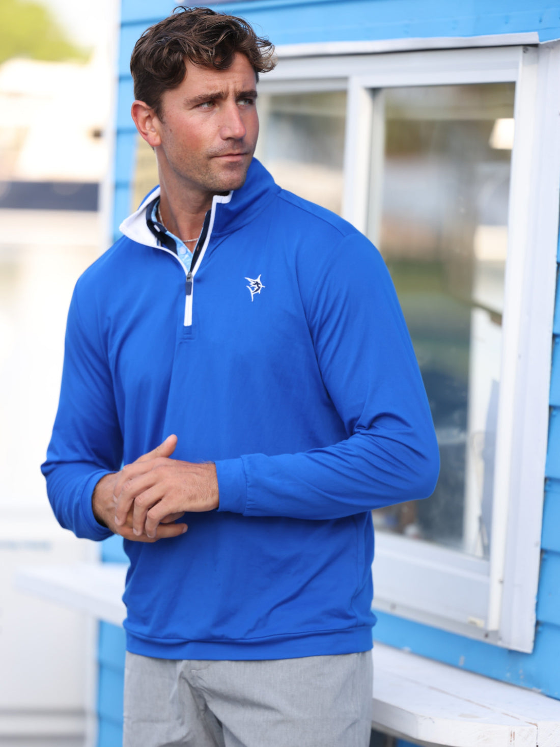 White Water Life Long Beach Quarter Zip long sleeve shirt in royal blue, made of ultra soft, lightweight fabric.