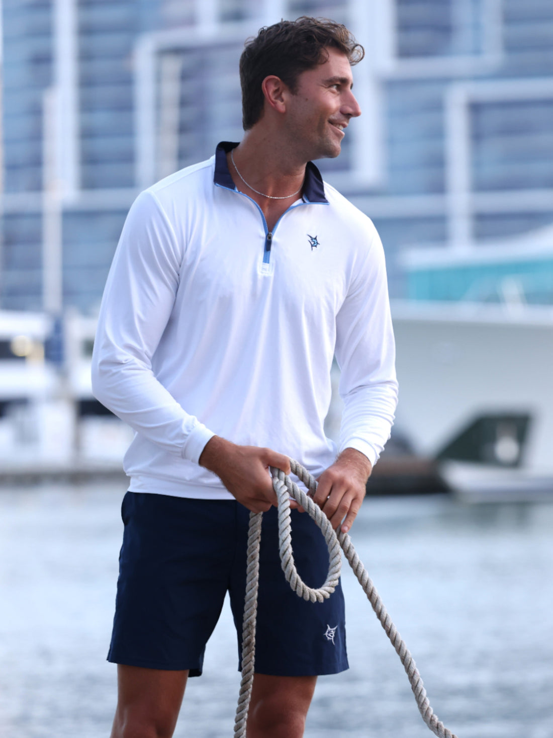 White Water Life Long Beach quarter zip long sleeve shirt in ultra soft, lightweight fabric displayed on a model.