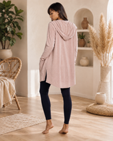 Longline cozy hooded cardigan with front pockets, made by Fitkitty Culture, perfect for casual wear and layering.