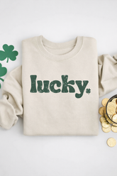 Fitkitty Culture Lucky Charm crewneck sweatshirt featuring shamrocks and coin designs, perfect for casual or athleisure wear.