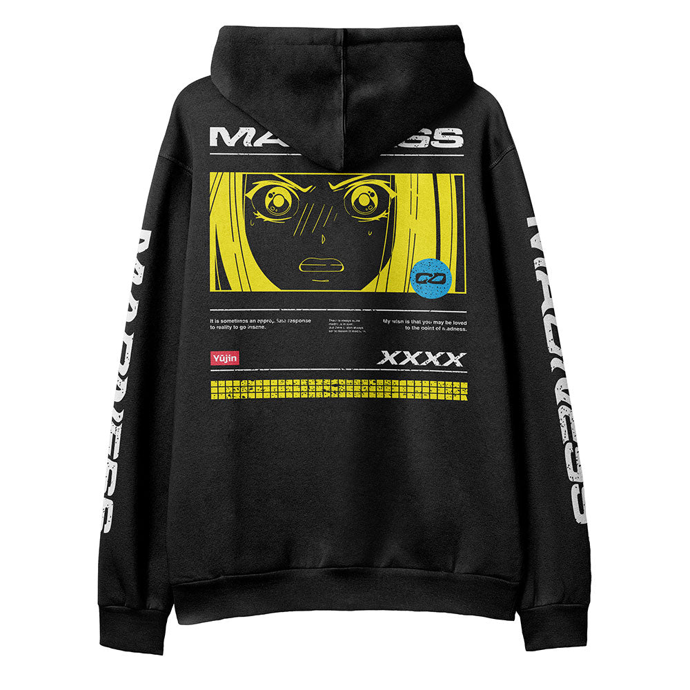 Yūjin Clothing Madness Hoodie featuring a bold graphic design, soft fabric, and a comfortable fit for casual wear.
