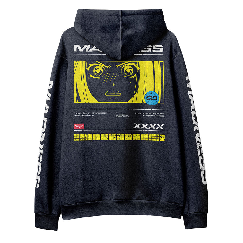 Yūjin Clothing Madness Hoodie featuring a bold graphic design and comfortable fit, shown on a model in a casual setting.