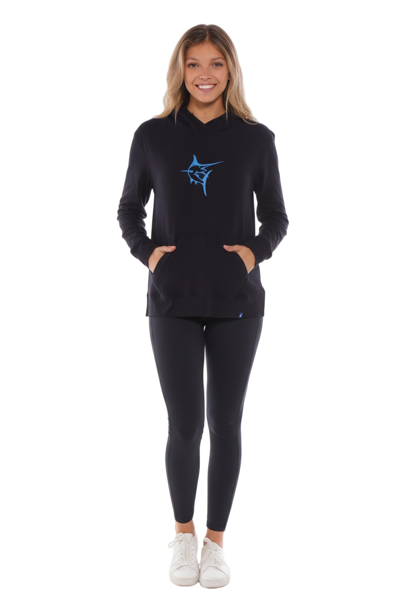 Black Marina Hoodie by White Water Life, front view showing the casual fit and hoodie design.