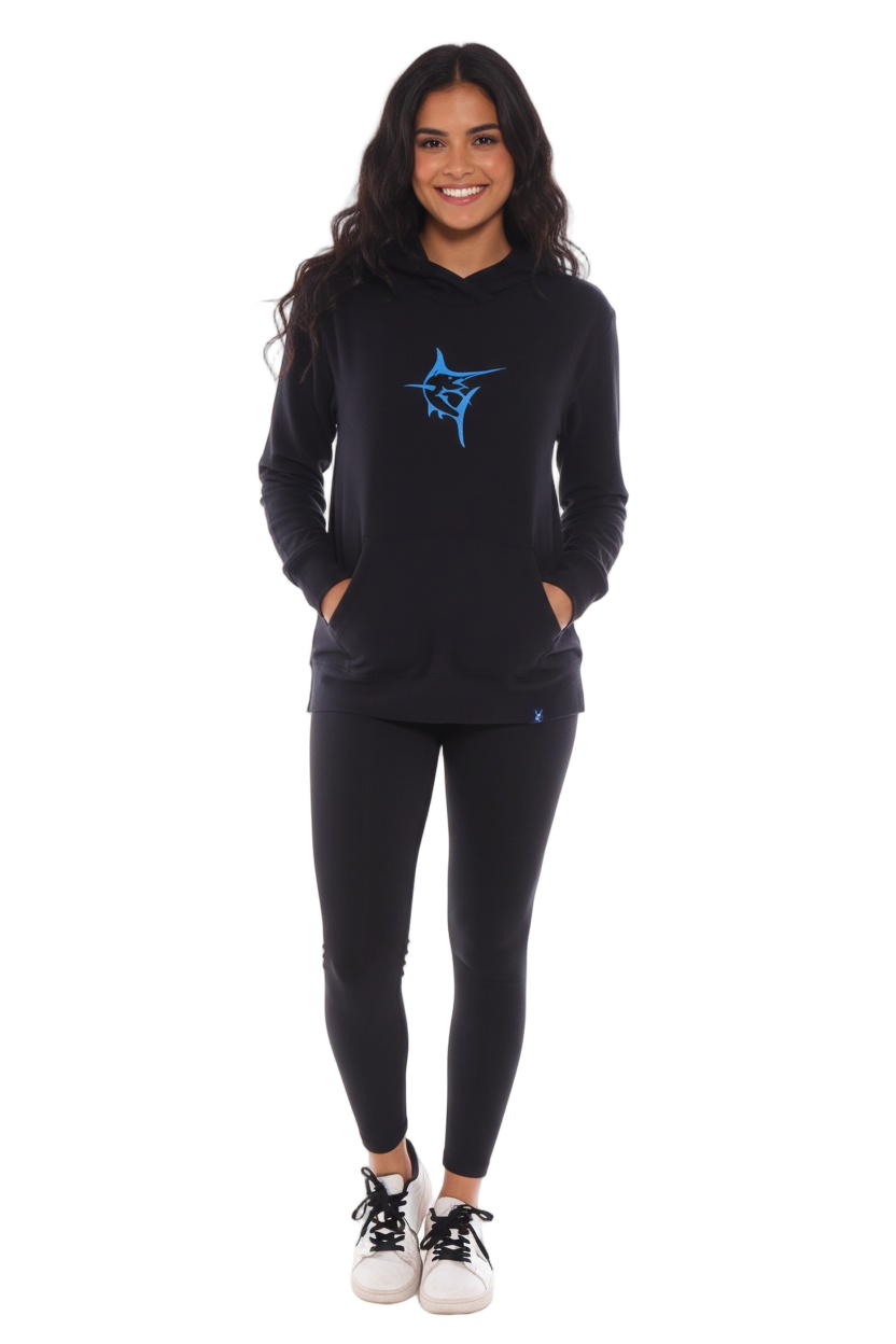 Black Marina Hoodie by White Water Life, front view showing the casual hoodie with drawstrings and logo detail.