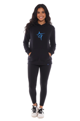 Black Marina Hoodie by White Water Life, front view showing the casual hoodie with drawstrings and logo detail.