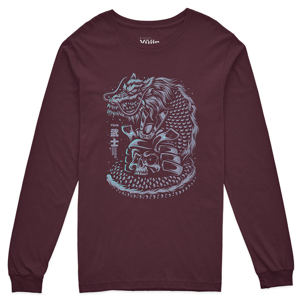 Yūjin Clothing Dragon Legend long sleeve T-shirt featuring a detailed dragon graphic on black fabric.