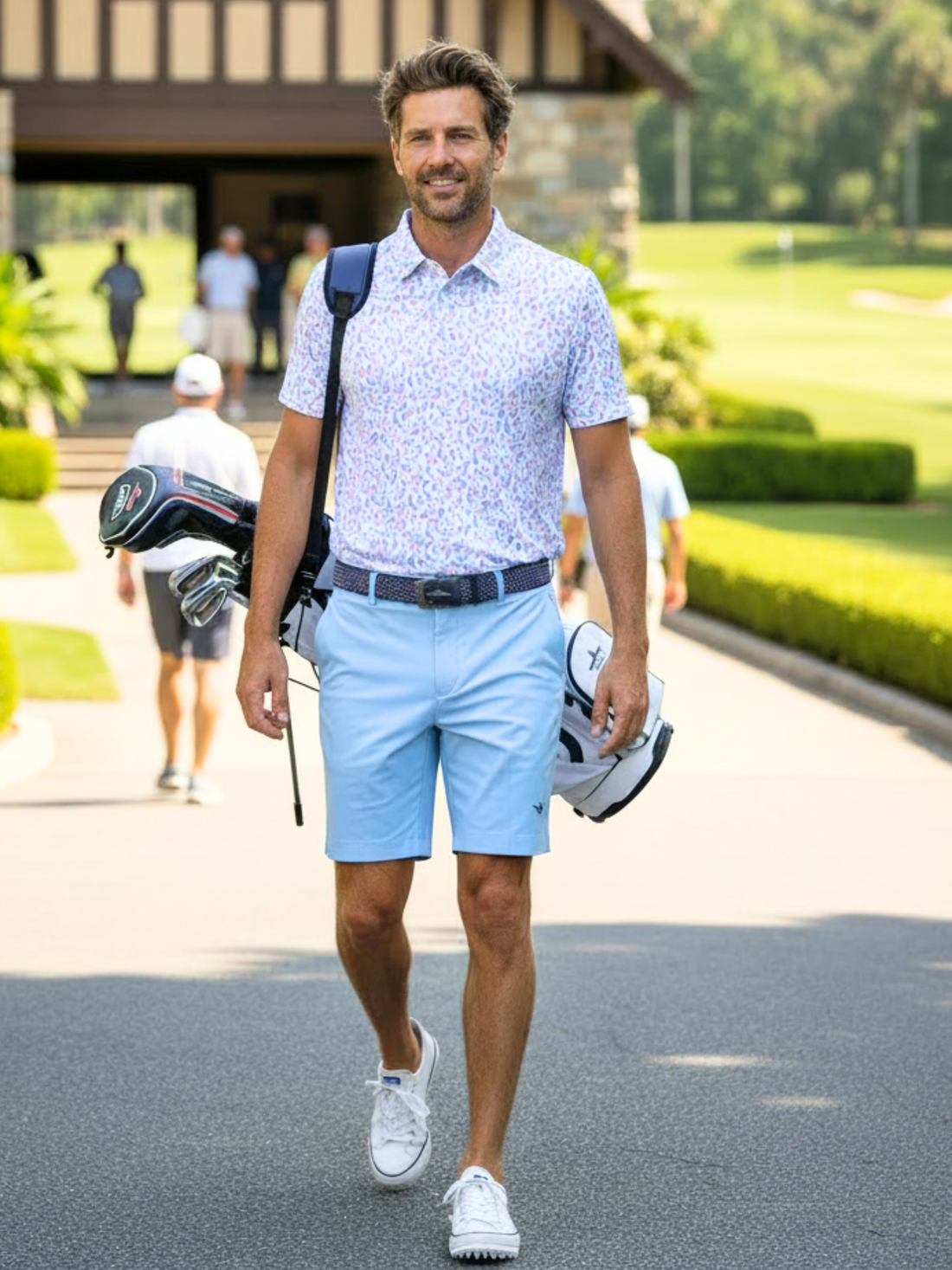 White Water Life Mermaid Polo shirt with colorful mermaid design, paired with shorts for a stylish, casual look.
