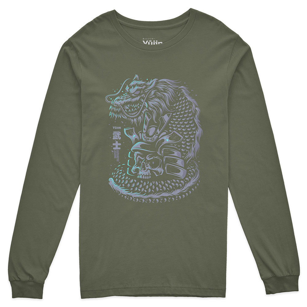 Yūjin Clothing Dragon Legend long sleeve T-shirt featuring a detailed dragon graphic on black fabric.