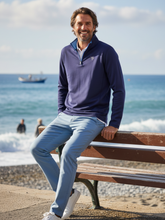Navy White Water Life Montauk quarter zip midweight comfort jacket, featuring a full zipper and soft fabric for casual wear.