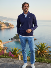 White Water Life Montauk navy quarter zip midweight comfort shirt displayed on a hanger.