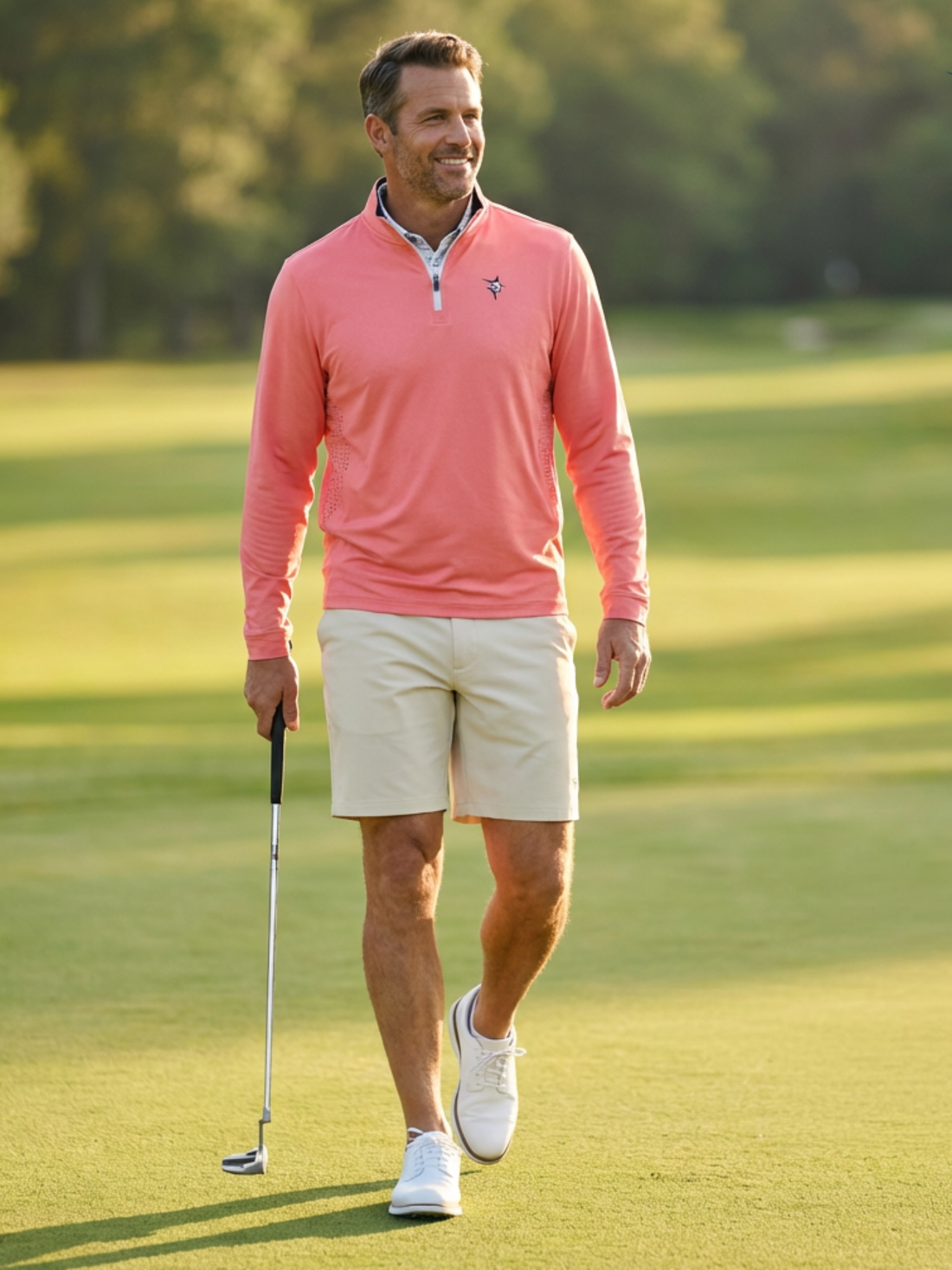 White Water Life Freeport Short in tan, lightweight golf shorts with effortless performance, displayed on a model.