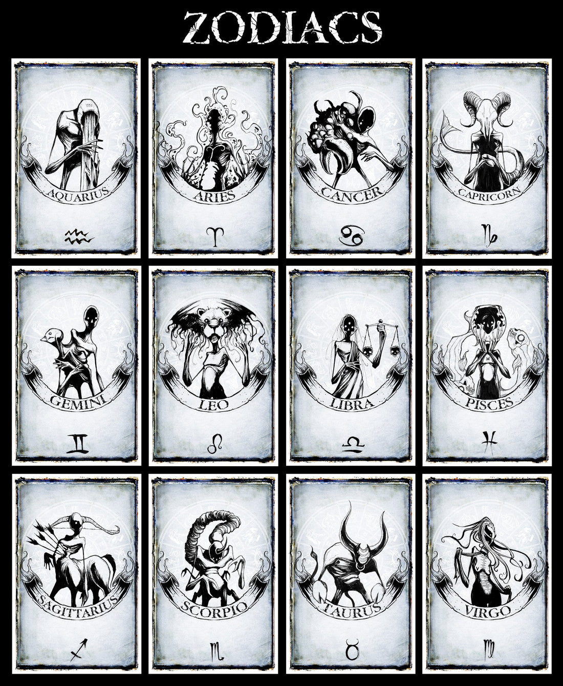 Shawn Coss Zodiac Prints poster featuring detailed illustrations of zodiac signs, displayed on white background.