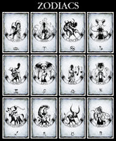 Shawn Coss Zodiac Prints poster featuring detailed illustrations of zodiac signs, displayed on white background.