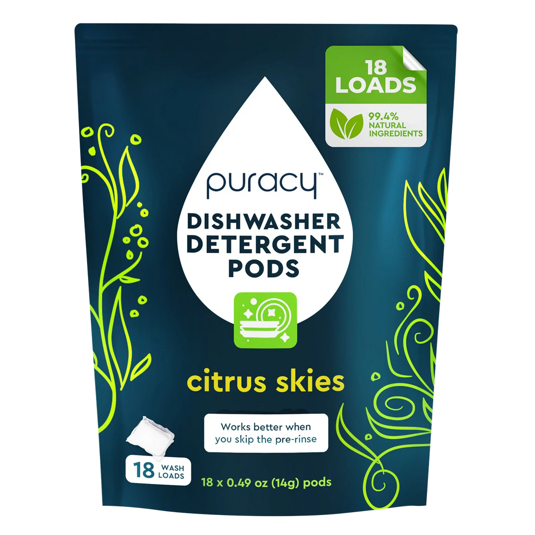 Puracy dishwasher detergent pods in a white container, showcasing the cleaning pods used for dishwasher dishwashing.