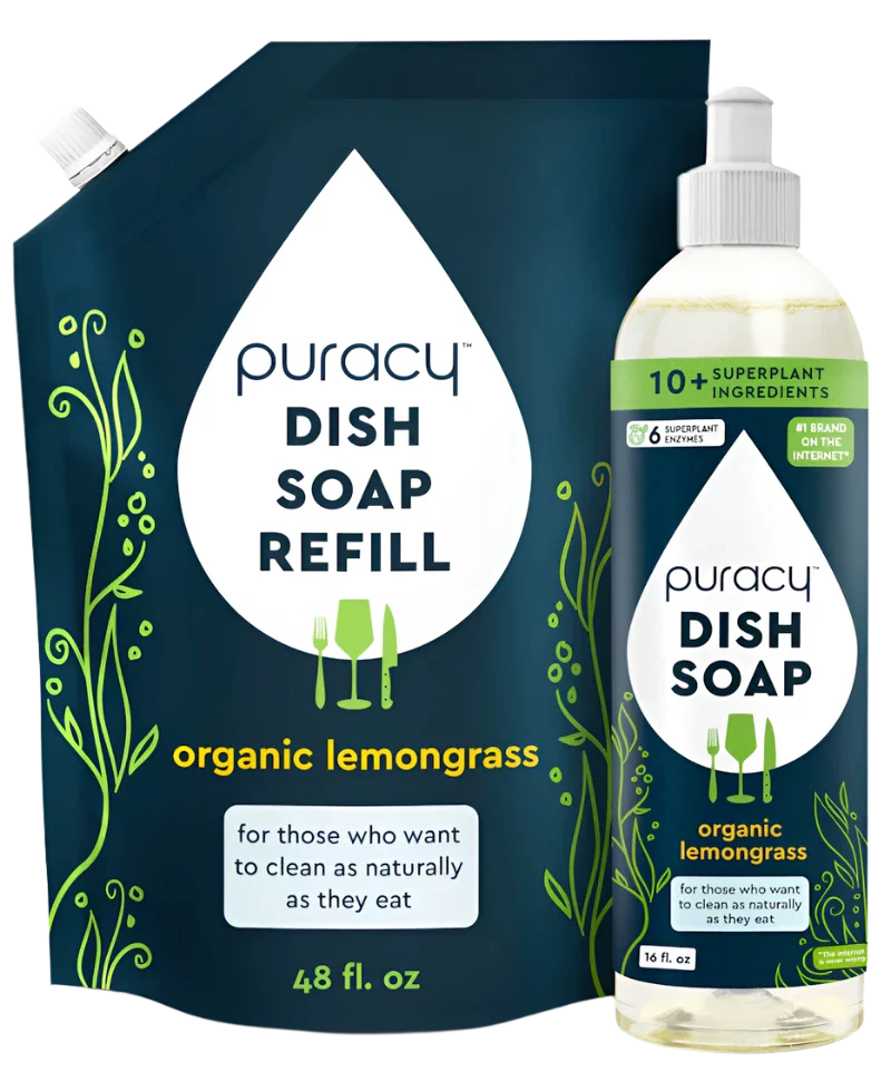Puracy dish soap bottle with pump dispenser showing on a clean kitchen countertop, highlighting natural cleaning ingredients.