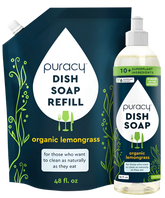 Puracy dish soap bottle with pump dispenser showing on a clean kitchen countertop, highlighting natural cleaning ingredients.