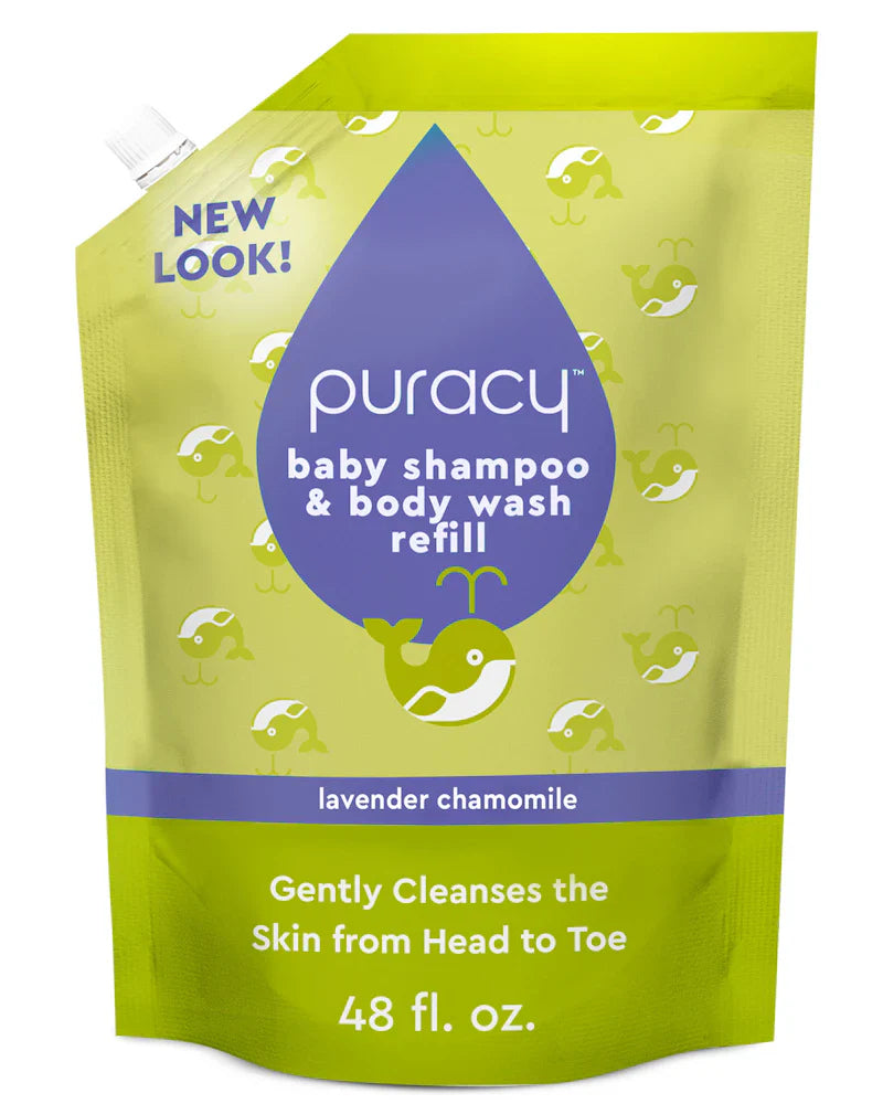 Puracy baby shampoo and body wash bottle with tear-free formula and gentle ingredients for infants and young children.
