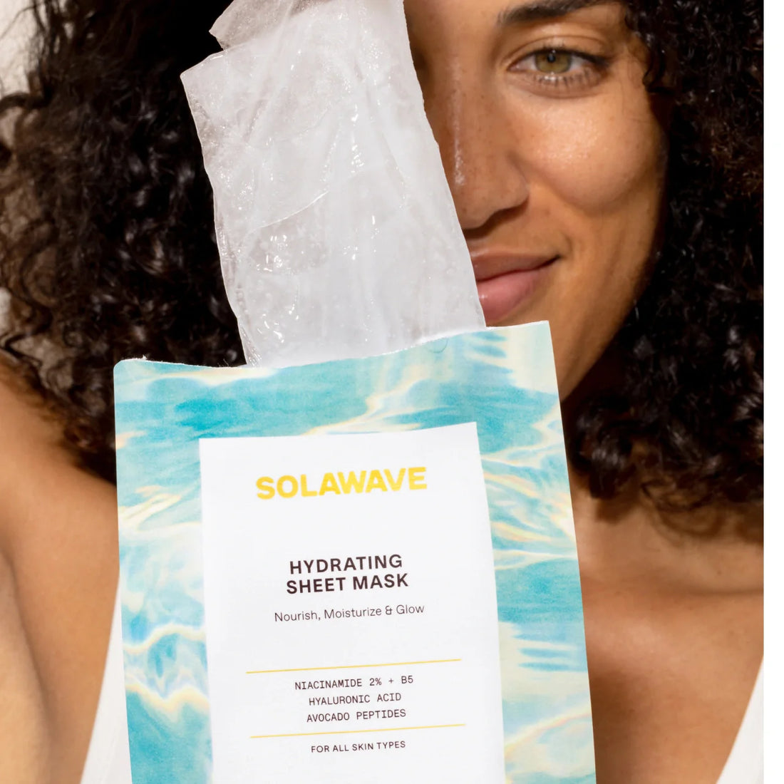 Solawave hydrating sheet mask for skincare, showing the moist sheet mask with a soothing, refreshing appearance.