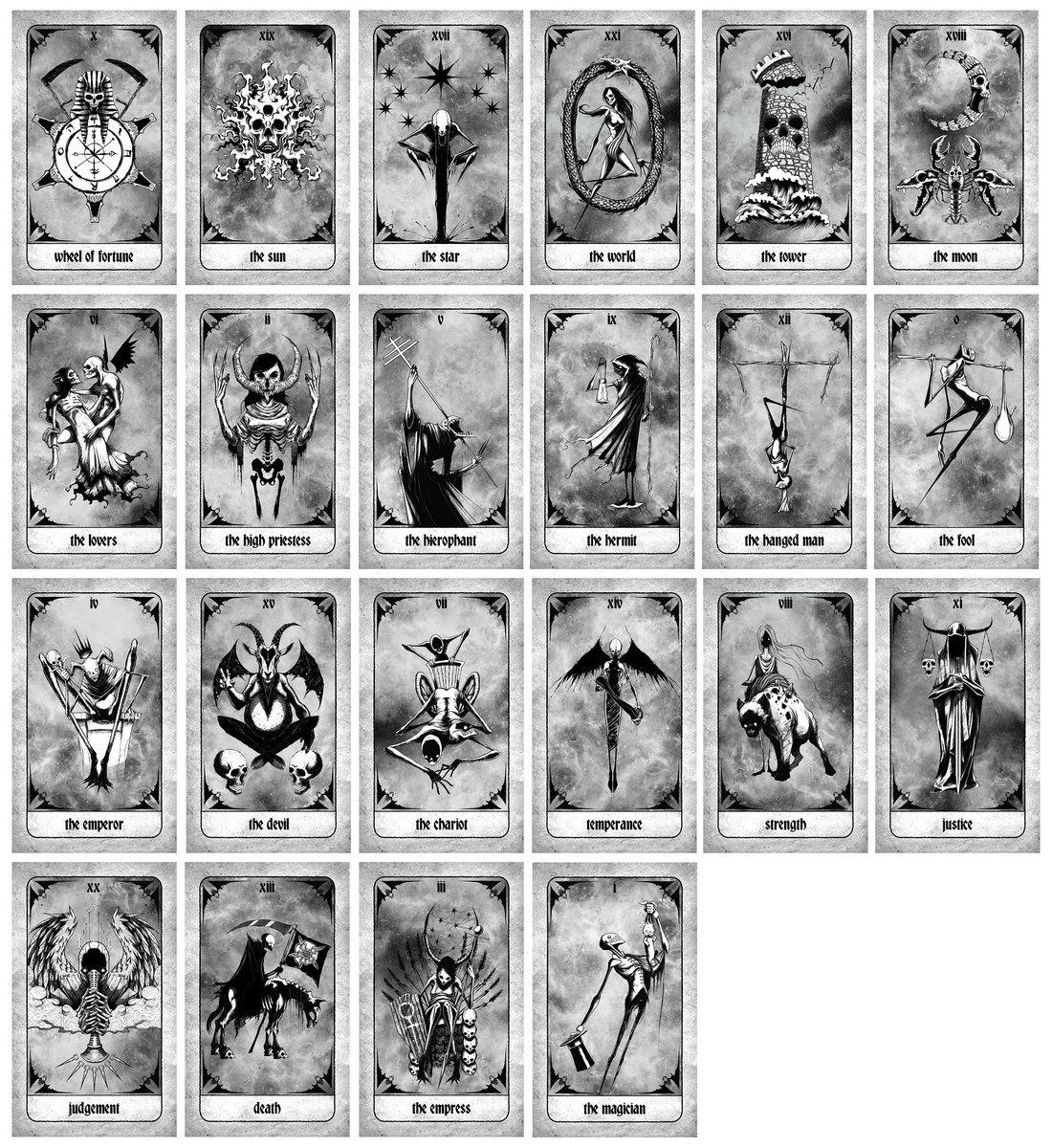 Major Arcana tarot cards from the Any Means Necessary Clothing tarot deck, featuring detailed illustrations on each card.