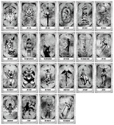 Major Arcana tarot cards from the Any Means Necessary Clothing tarot deck, featuring detailed illustrations on each card.