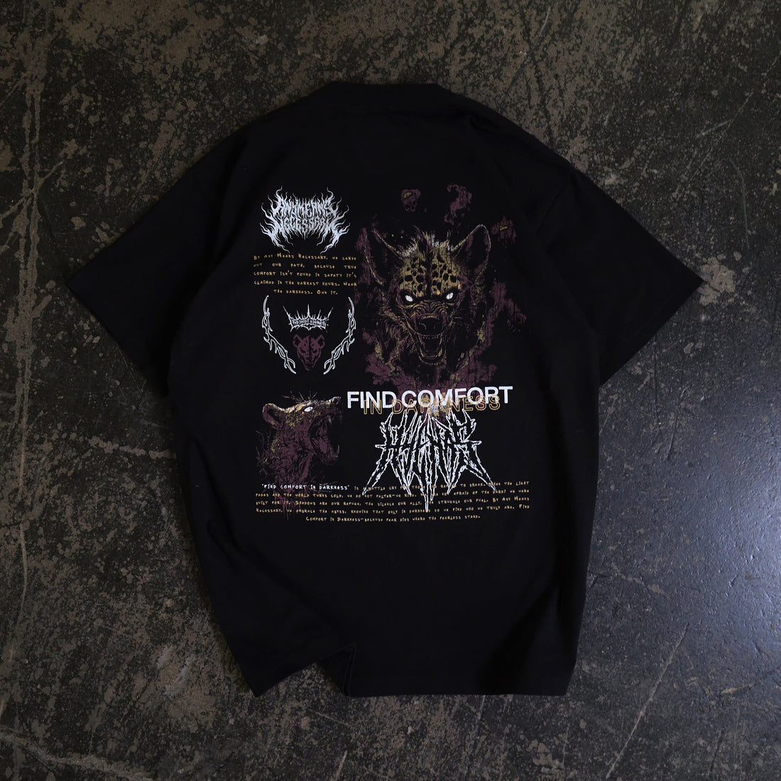 Black Mantra T-Shirt by Any Means Necessary Clothing, showing the back design and fit of the casual shirt.