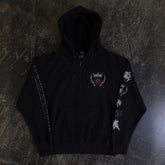 Black Mantra zip-up hoodie by Any Means Necessary Clothing, front view showing hood, zipper, and casual fit.