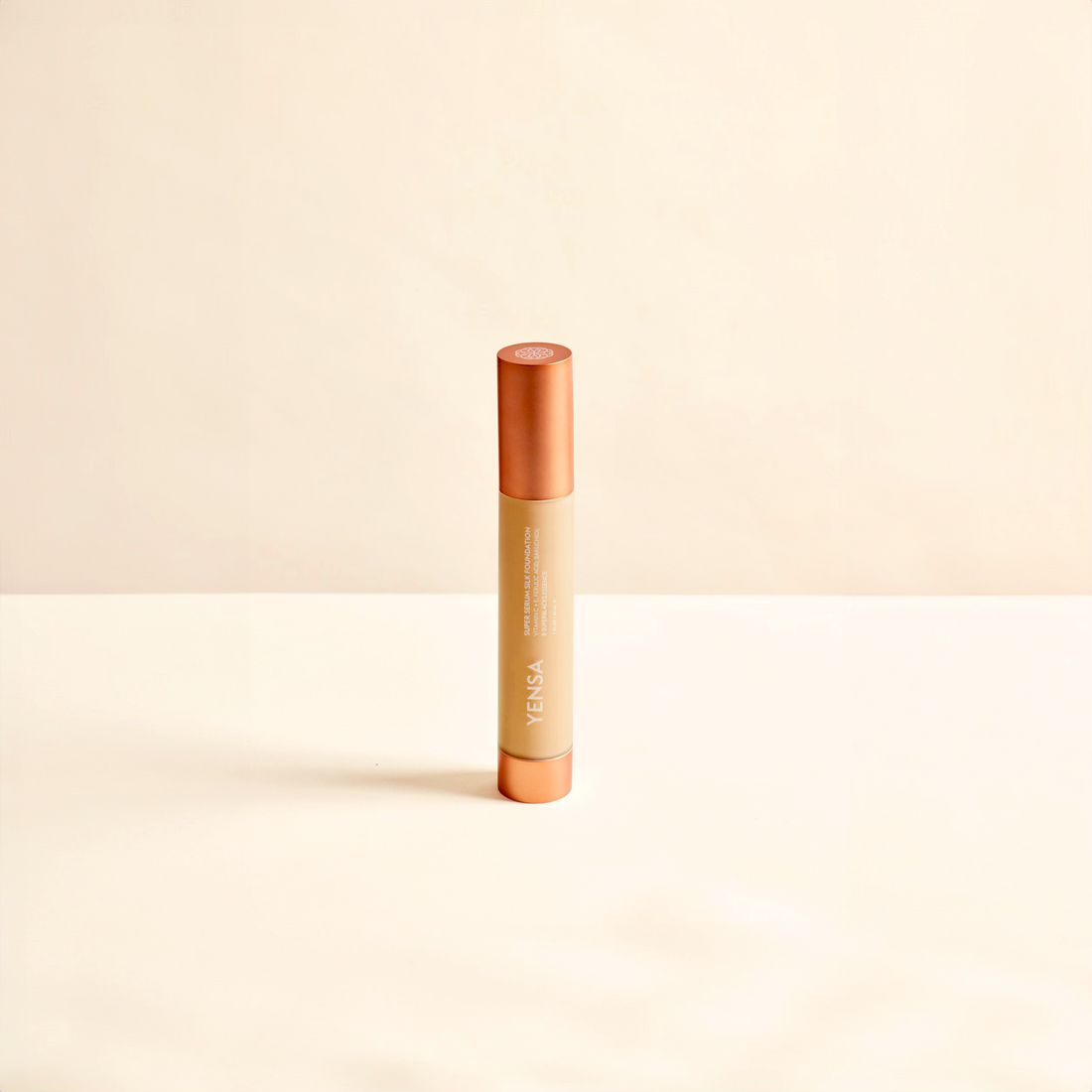 YENSA Super Serum Silk Hydrating Peptide Foundation in medium shade, showcasing smooth, radiant skin with natural glow.