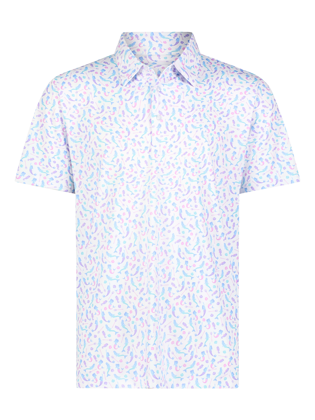White Water Life Mermaid Polo shirt featuring a colorful mermaid design on soft, breathable polo fabric.