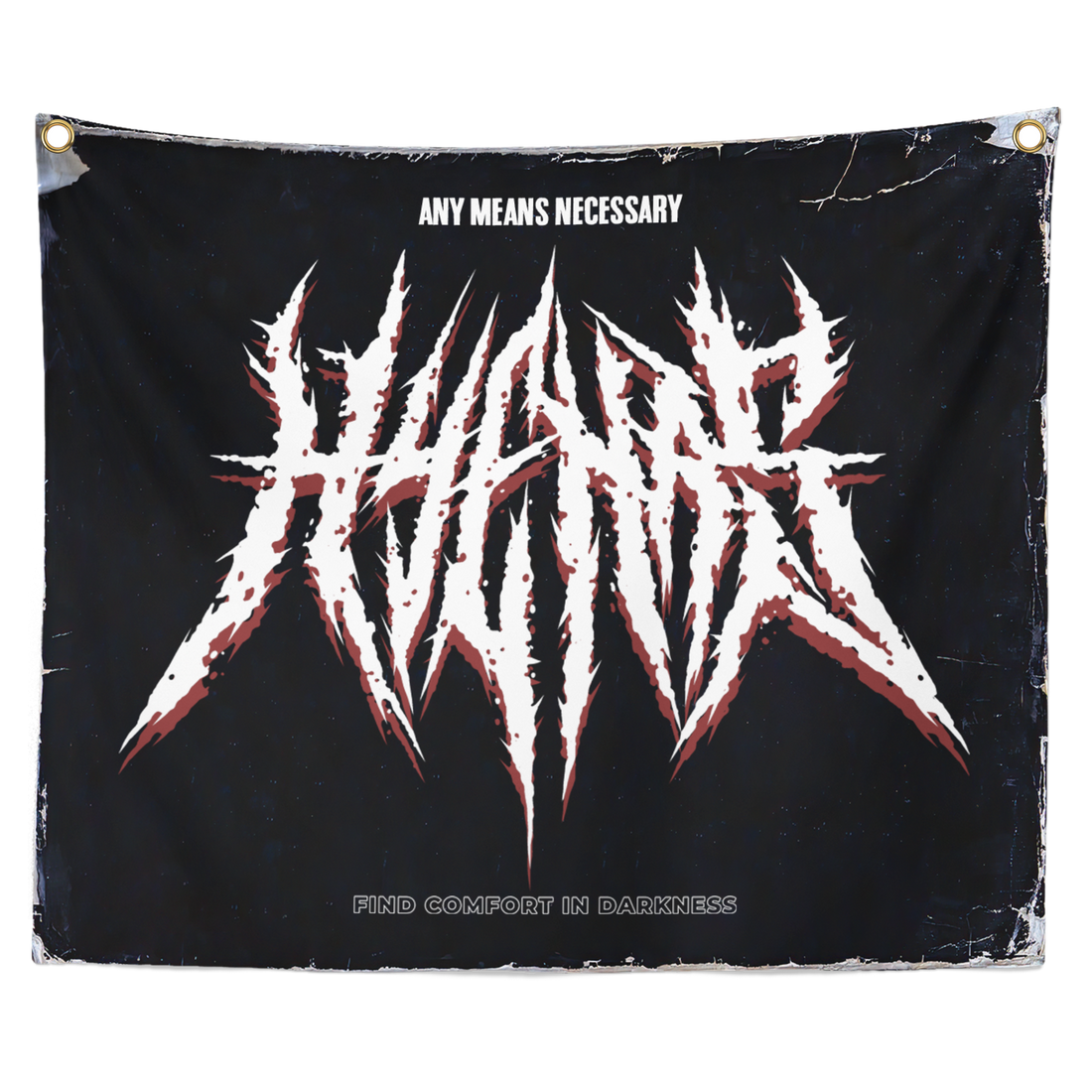 Metal Hyena Banner featuring bold, metallic hyena artwork for Any Means Necessary Clothing, perfect for wall decoration.