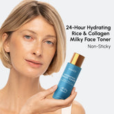 Maree Milky Rice Hydrating Toner in a clear bottle with white liquid, featuring rice extract for skin hydration and nourishment.