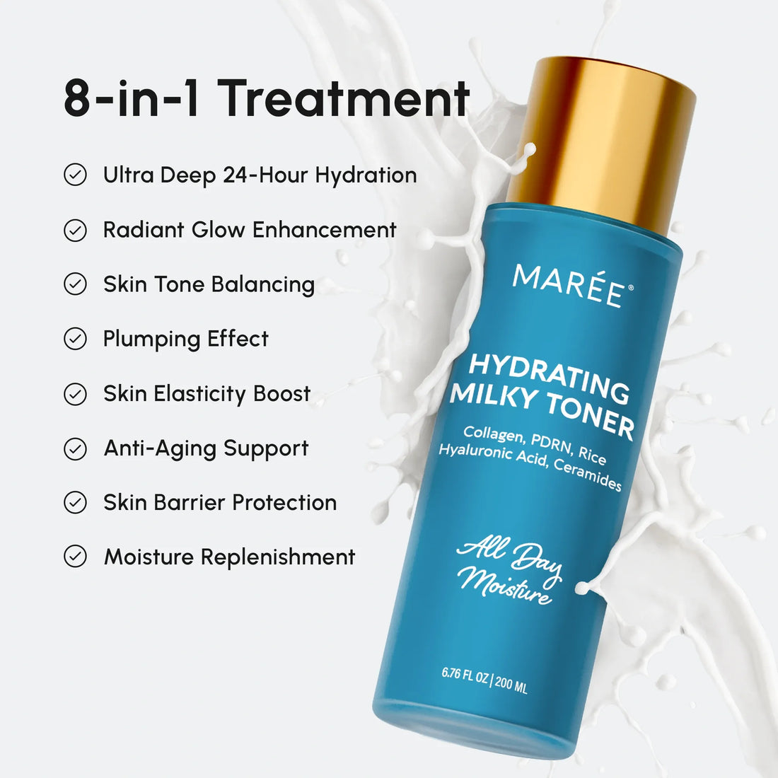 Maree Milky Rice Hydrating Toner bottle with white and soft pink label, showcasing its gentle, hydrating skincare formula.