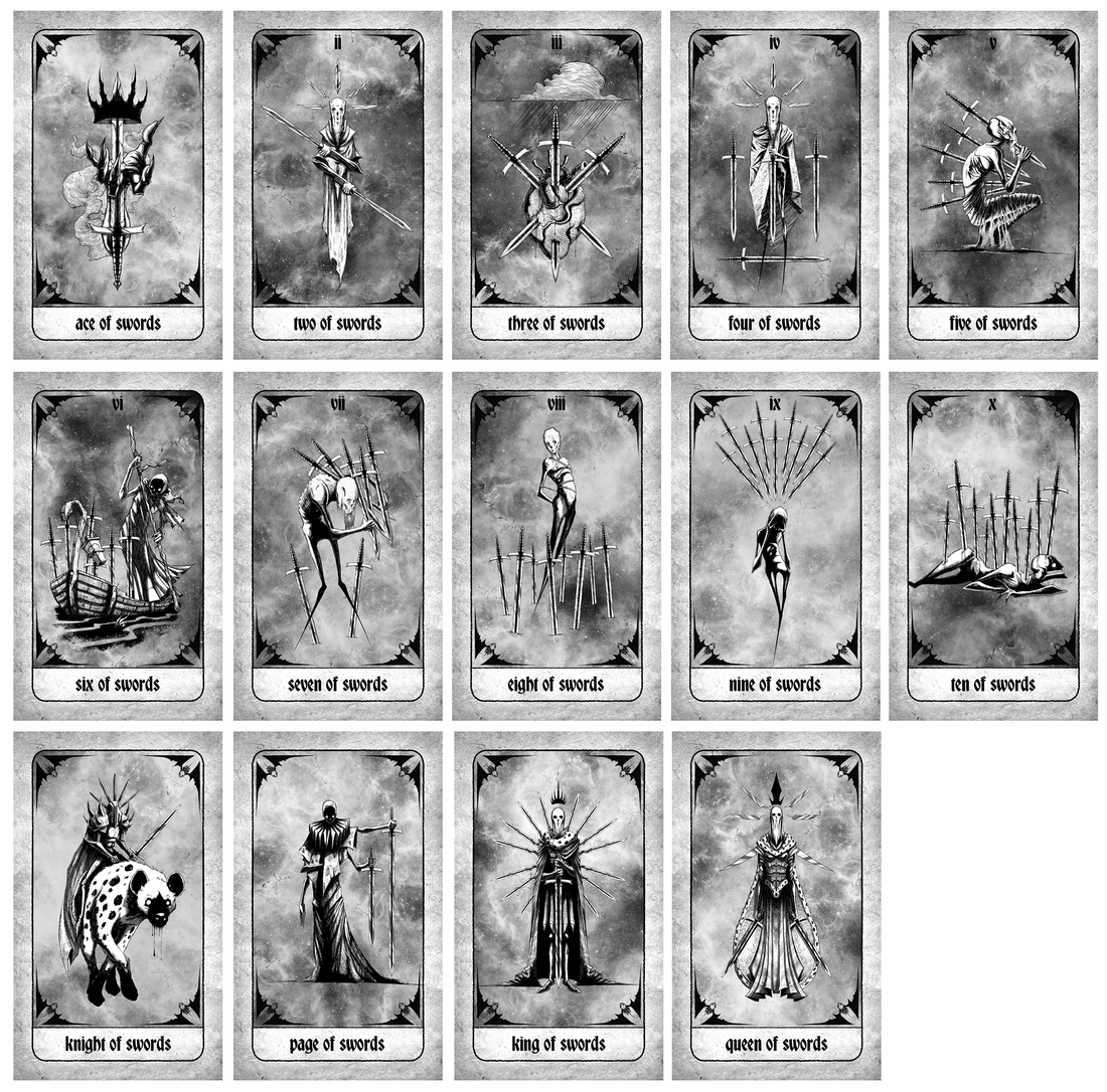 Minor Arcana Swords tarot card from Any Means Necessary Clothing Tarot Deck, showing detailed sword imagery and symbolic design.