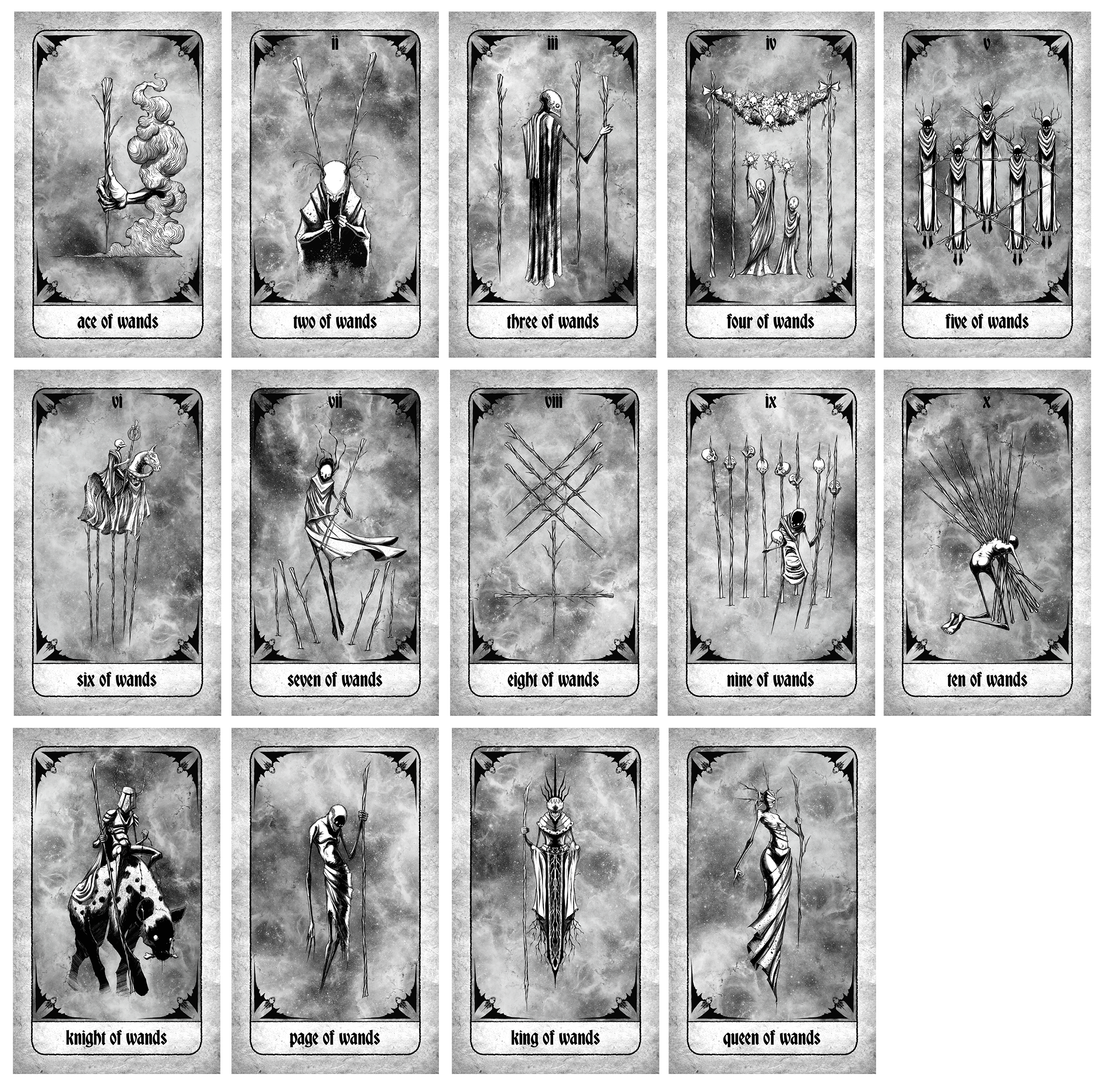 Minor Arcana Wands tarot cards from Any Means Necessary Clothing Tarot Deck, featuring detailed illustrated wand suit cards.