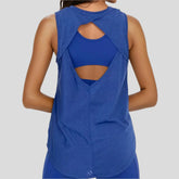 Blue sheer striped mesh active tank top with cut-out back, from Fitkitty Culture athleisure and yoga wear collection.
