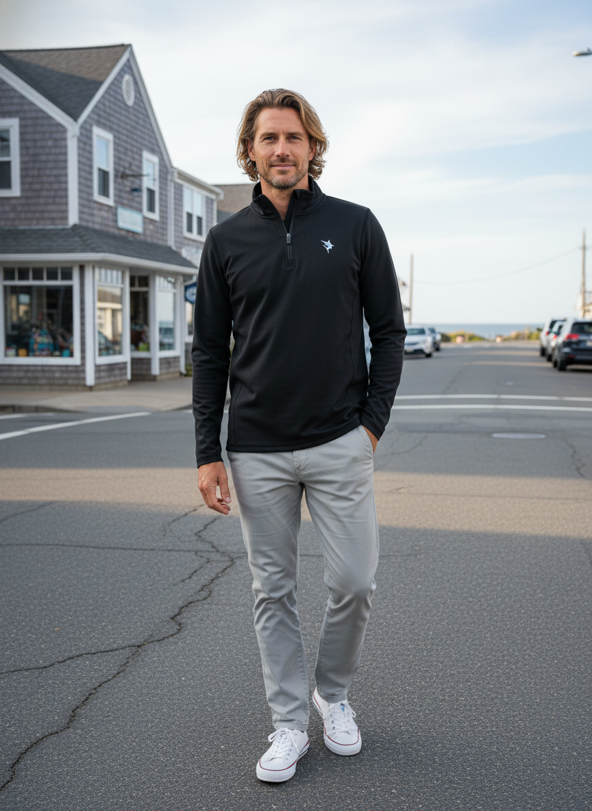 Black White Water Life Montauk quarter zip midweight comfort shirt, close-up of the quarter zip collar and fabric texture.