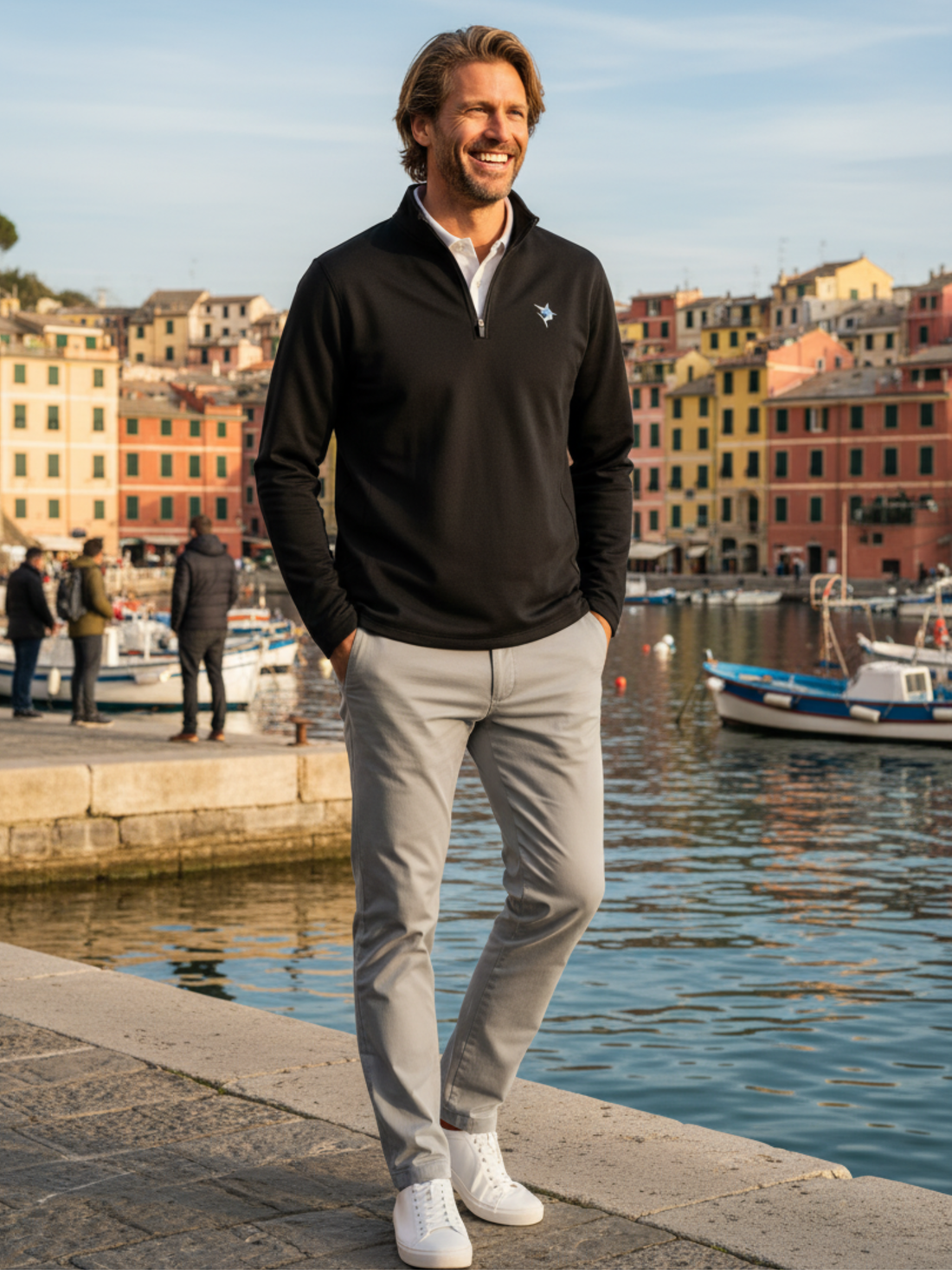 Black White Water Life Montauk quarter zip midweight comfort shirt with a high collar and zipper detail.